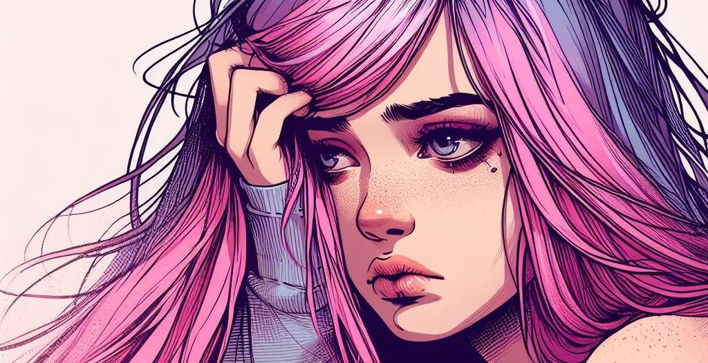 A girl with pink and purple hair looking depressed A girl with pink and purple hair looking depressed