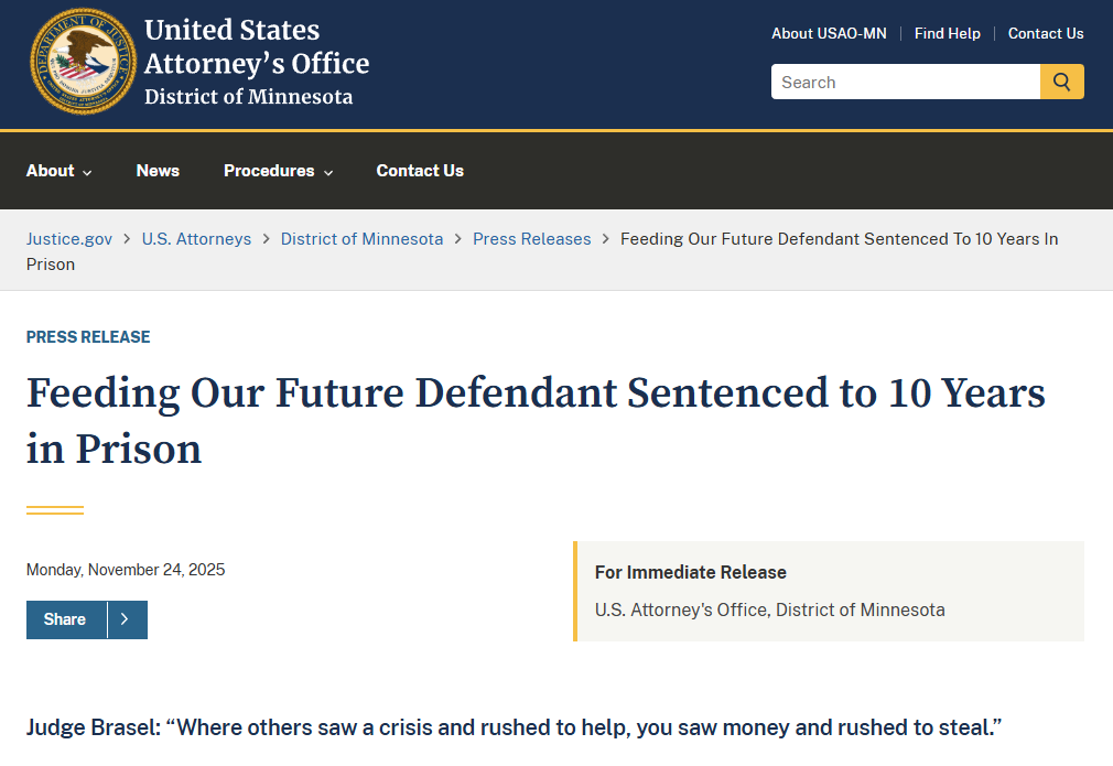 Liittovaltion syyttäjien mukaan kymmenet yritykset ja henkilöt laskuttivat olemattomista aterioista. He saivat kymmenen vuoden ehdottoman vankeustuomion.