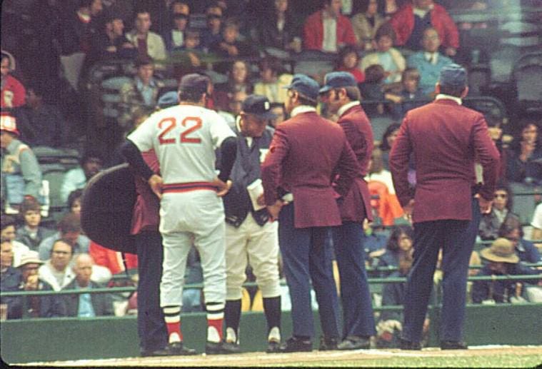 Color photo from Red Sox at Tigers game in 1974 featuring former Denver Bears Ralph Houk and Darrell Johnson. Please read photo caption for details.