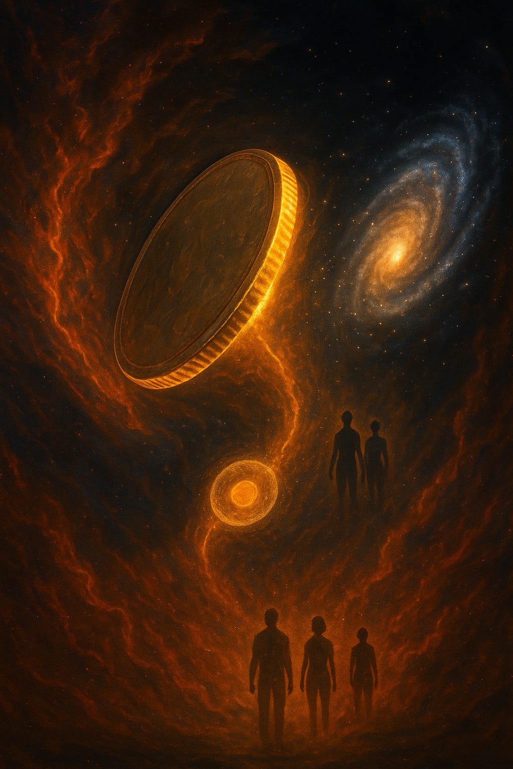 A high-definition cosmic artwork showing a glowing golden coin spinning in a swirl of fiery plasma, its radiant edge glowing like a stitch of light. The coin connects through luminous threads to galaxies and smaller glowing orbs, symbolising cosmic origins. Below, silhouetted human figures stand within the swirling plasma, gazing upward — embodying the connection between the birth of the universe, asymmetry, and human consciousness.