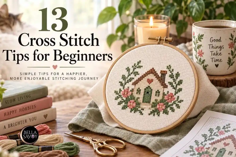 Cozy cross stitch workspace with a cottage-style stitched house in a hoop, embroidery floss, scissors, pattern chart, floral mug, candle, books, and a sleeping cat, with text reading “13 Cross Stitch Tips for Beginners.”