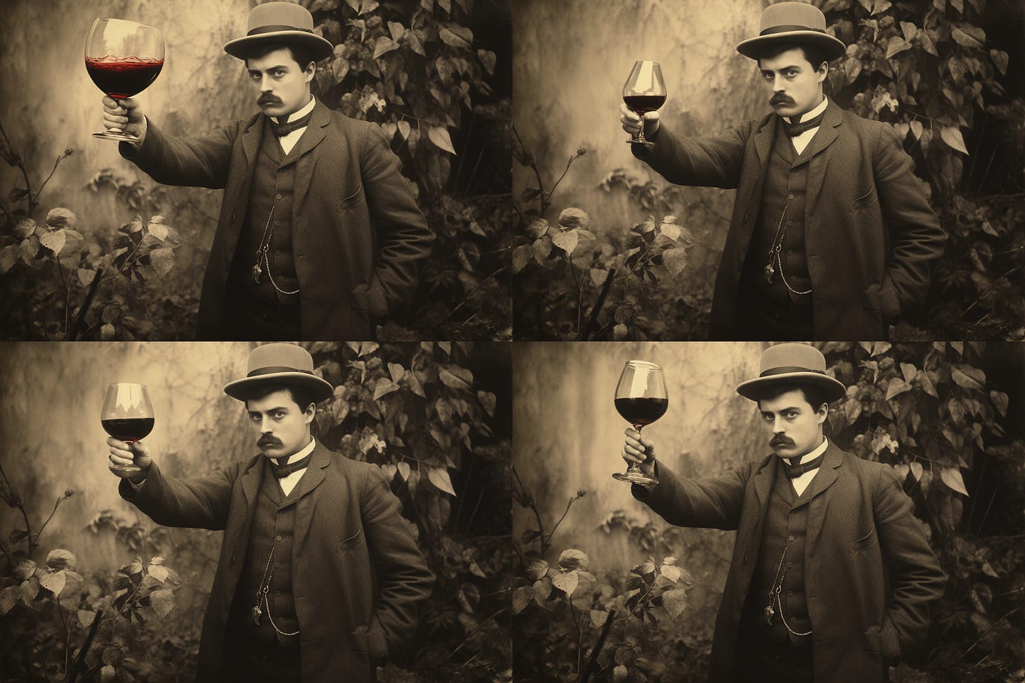 Four variations of a Victorian man holding a glass of wine