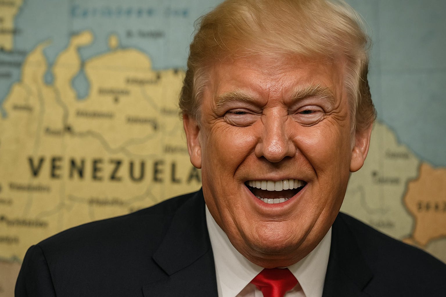 AI-generated image of Donald Trump. In the background, Venezuela.