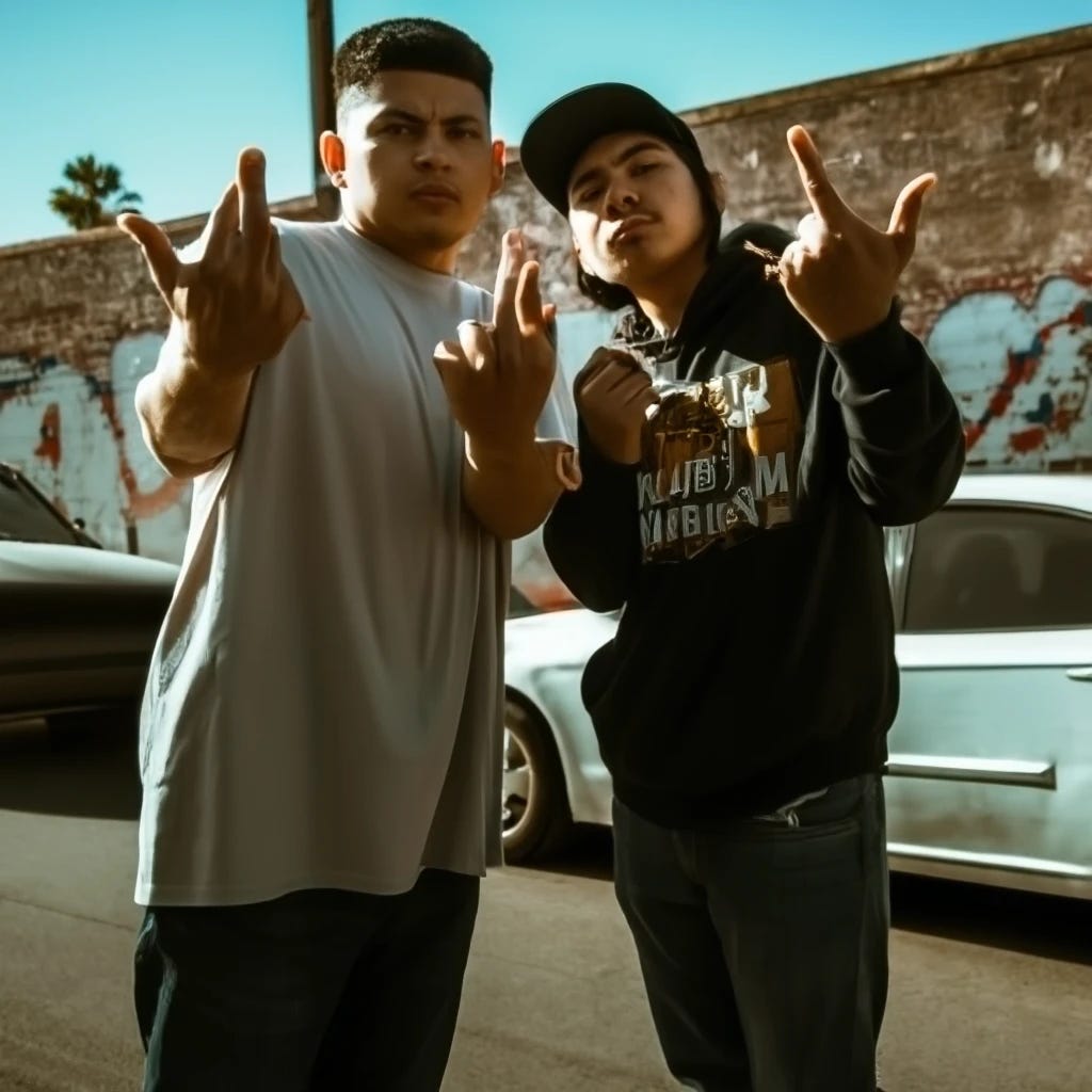 Mexican gangbangers flashing gang signs on streets of los angeles