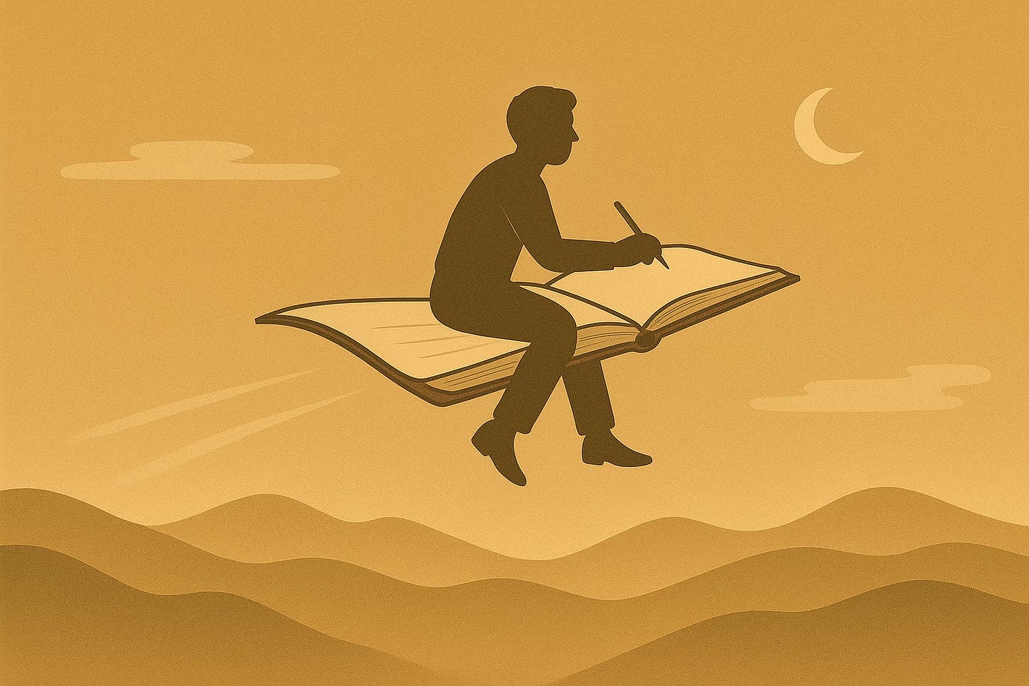 A sepia-toned illustration of a writer flying through the sky on an open book, pen in hand, above softly rolling hills under a crescent moon, symbolizing creative freedom and writing without a plan.
