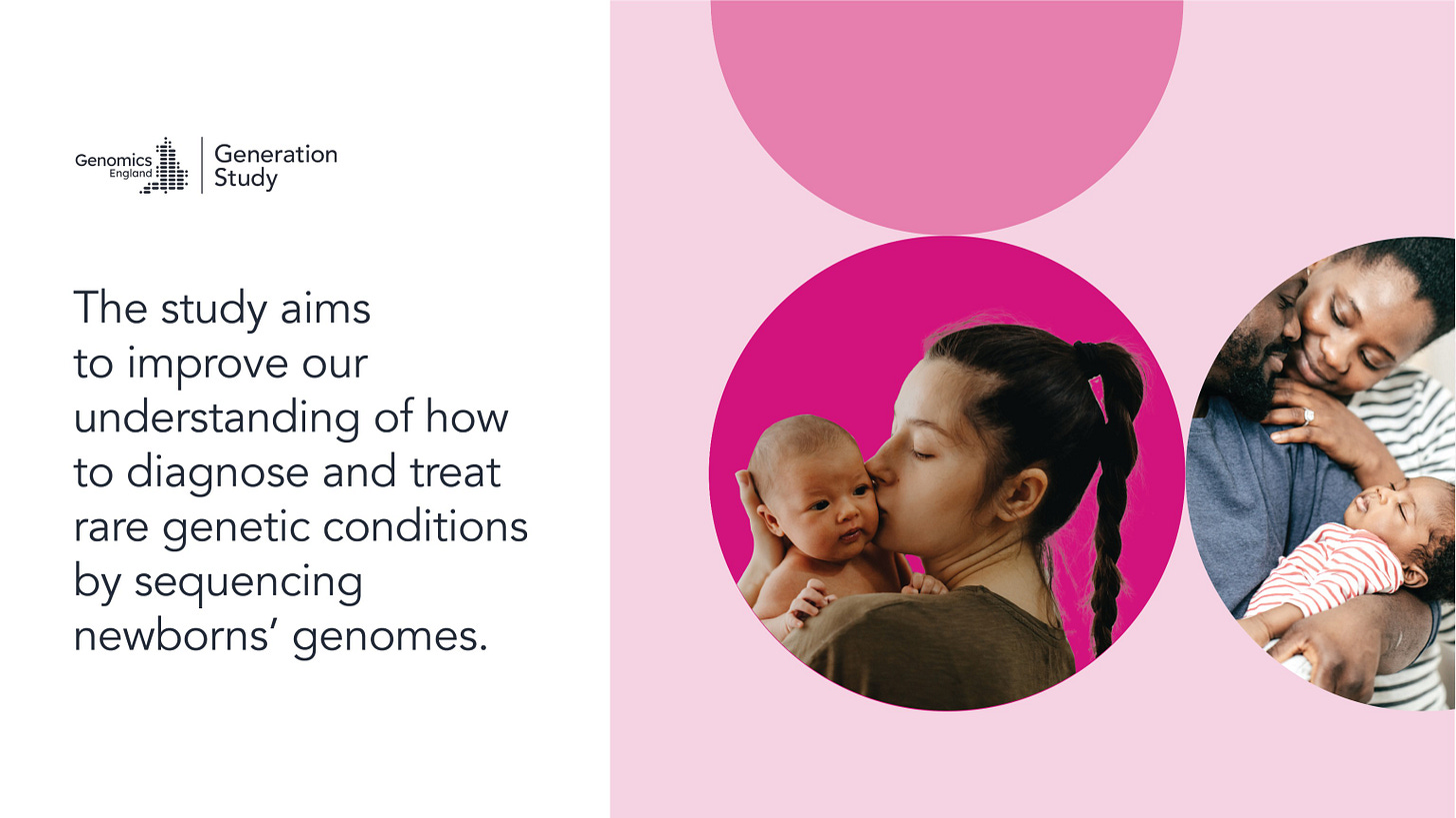 Parents holding babies and the text 'The study aims to improve our understanding of how to diagnose and treat rare genetic conditions by sequencing newborns’ genomes.'