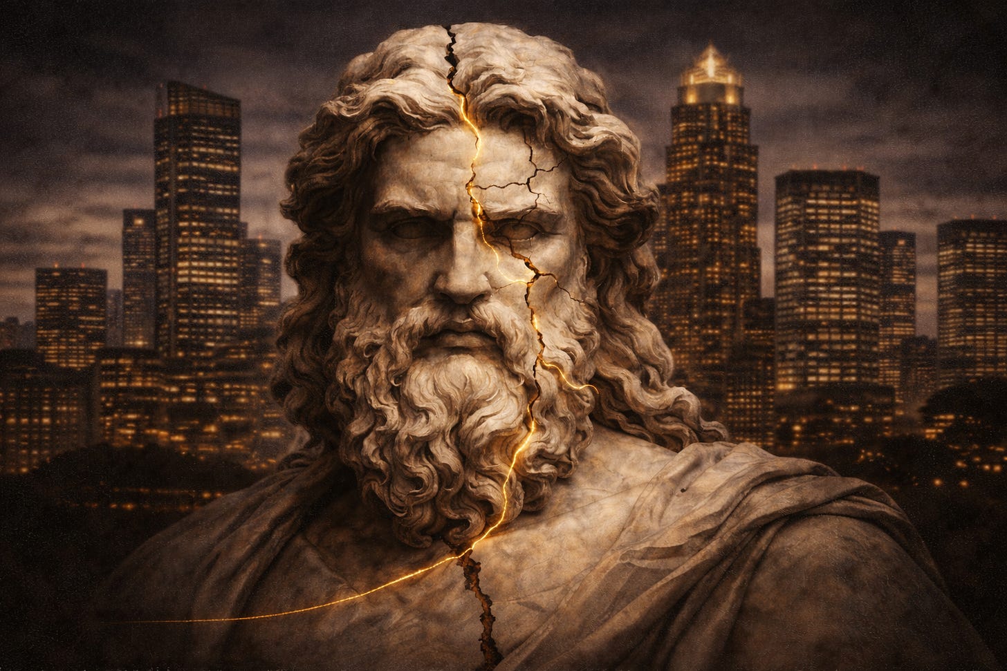 Close-up oil-style portrait of a cracked marble bust of Zeus split by a glowing gold fissure, set against a sharply defined modern skyline of glass office towers at dusk, suggesting ancient divinity eroding within a contemporary corporate world. Close-up oil-style portrait of a cracked marble bust of Zeus split by a glowing gold fissure, set against a sharply defined modern skyline of glass office towers at dusk, suggesting ancient divinity eroding within a contemporary corporate world.