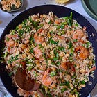 dinner, sorted: shrimp scampi rice with crispy garlic chips