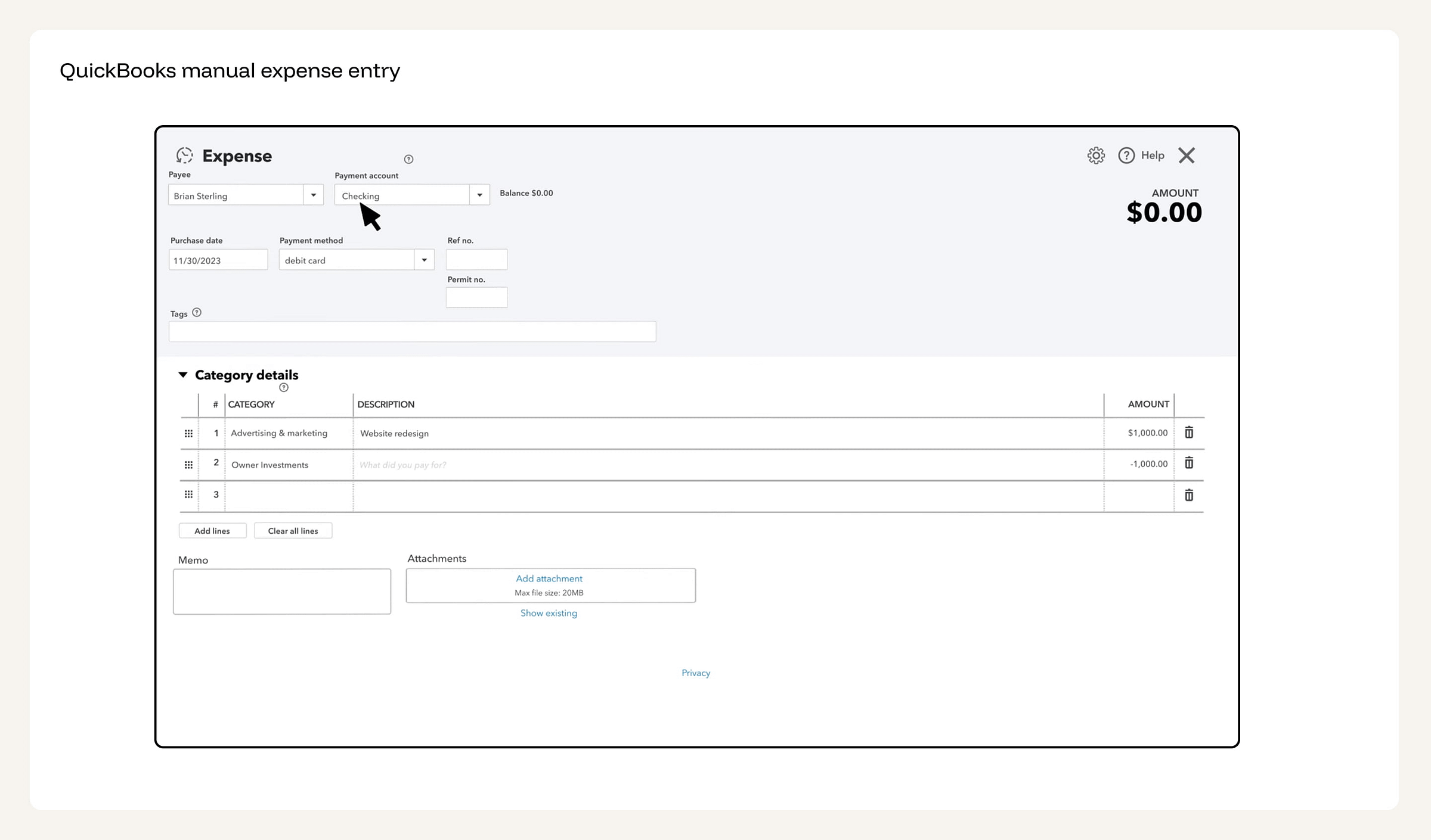 QuickBooks expense form with empty fields for Payee, Payment account, Purchase date, Payment method, Ref no., Tags, Category, Description, and Amount — all requiring manual input. QuickBooks expense form with empty fields for Payee, Payment account, Purchase date, Payment method, Ref no., Tags, Category, Description, and Amount — all requiring manual input.