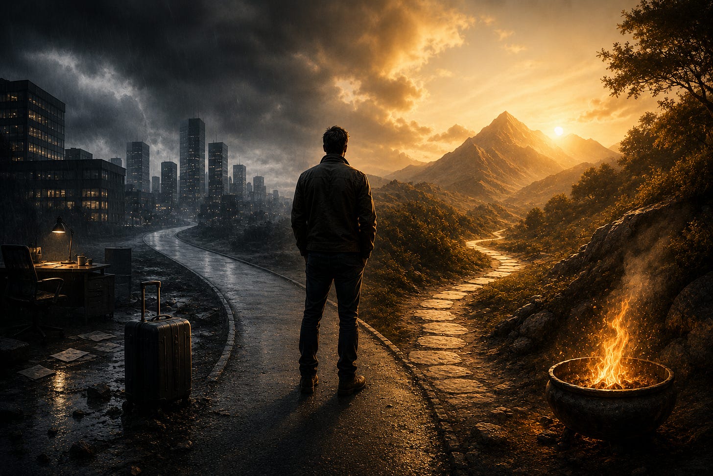 Cinematic split-scene hero image showing a lone man standing between a dark stormy city and a sunlit mountain path with firelight, symbolizing the difference between external life changes and deep internal transformation after adversity. Cinematic split-scene hero image showing a lone man standing between a dark stormy city and a sunlit mountain path with firelight, symbolizing the difference between external life changes and deep internal transformation after adversity.