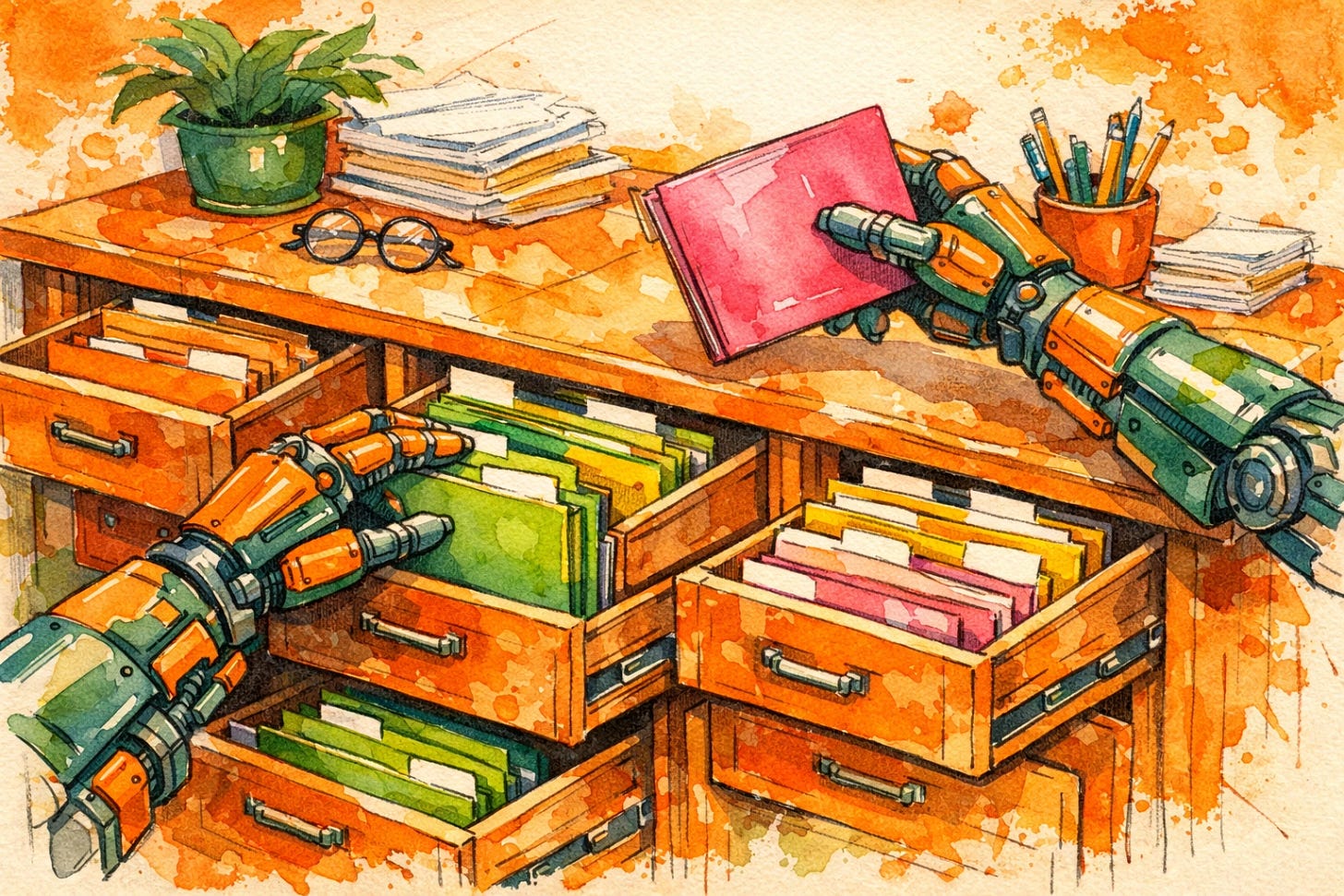 Robotic hands organizing neon-colored files into a wooden desk with drawers — ChatGPT Library as the file system foundation for AI agent workflows and small business automation
