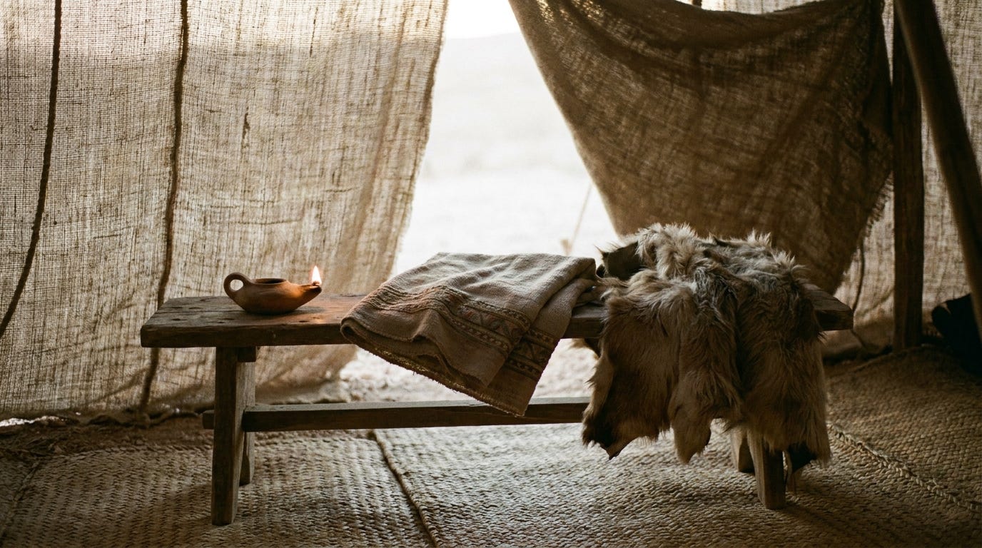 An oil lamp burnt low beside a folded woven veil and a cast-off goatskin on a rough wooden bench, dawn light through a tent flap, no people, no text