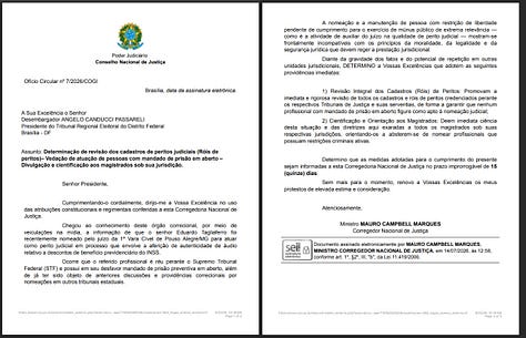 Os três documentos com ordens (ofícios) que centralizam a controvérsia da "devassa nacional" e que são detalhados na reportagem da Vaza Toga 5 correspondem a três cópias do mesmo expediente principal: o Ofício Circular nº 7/2026/COGI, expedido pelo Corregedor Nacional de Justiça, Ministro Mauro Campbell Marques, em 14 de julho de 2026 . Essas ordens foram distribuídas para três ramos distintos do Poder Judiciário nacional com o objetivo de impor uma varredura nos cadastros de peritos judiciais . São eles: Ofício Circular nº 7/2026/COGI (destinado à Justiça Estadual - TJPR): Destinatário: Desembargador Fernando Wolff Bodziak, Corregedor-Geral do Tribunal de Justiça do Estado do Paraná . Documento na memória: Disponível sob o nome SEI_CNJ-2678272-Of cioCircular (baixado).pdf (autenticado com o código verificador 2678272 e CRC F4B49348) . Ofício Circular nº 7/2026/COGI (destinado à Justiça Eleitoral - TRE-DF): Destinatário: Desembargador Angelo Canducci Passarelli, Presidente do Tribunal Regional Eleitoral do Distrito Federal . Documento na memória: Disponível sob o nome SEI-CNJ - 2678392 - Ofício Circular.pdf (autenticado com o código verificador 2678392 e CRC F487F8AF) . Ofício Circular nº 7/2026/COGI (destinado à Justiça Federal - TRF-2): Origem/Caminho: Emitido e tornado público pela própria Corregedoria Regional da Justiça Federal da 2ª Região (TRF-2) . Detalhamento: Este documento não está em anexo como arquivo PDF individual na sua memória, mas é explicitado pela reportagem investigativa . A Corregedoria do TRF-2 reproduziu o texto do Ministro Campbell quase literalmente e repassou as ordens diretamente aos juízes federais do Rio de Janeiro e do Espírito Santo . O que determinavam esses três ofícios? Todos os três documentos impunham a mesma ordem administrativa urgente com prazo improrrogável de 15 dias para resposta : A revisão integral de todos os cadastros e róis de peritos credenciados perante os respectivos tribunais para garantir que ninguém com mandado de prisão em aberto atue em nome do Judiciário ; A cientificação e orientação aos magistrados para que passem a se abster de nomear profissionais com "restrições criminais ativas" .