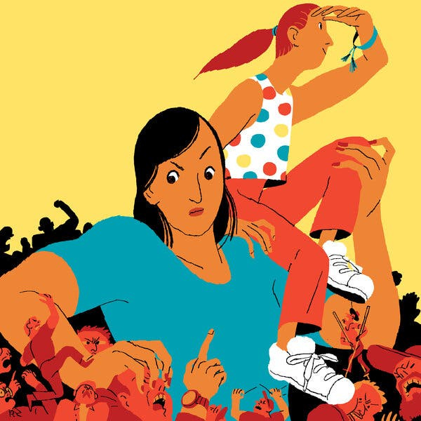 A woman raising up a young girl on her shoulder while, with her other arm, holding down a number of screaming men.