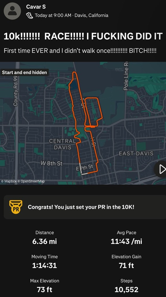 Map of my 10k run on Strava. I ran 6.36 miles at an 11:43 pace, with a total moving time of 1:14:31.