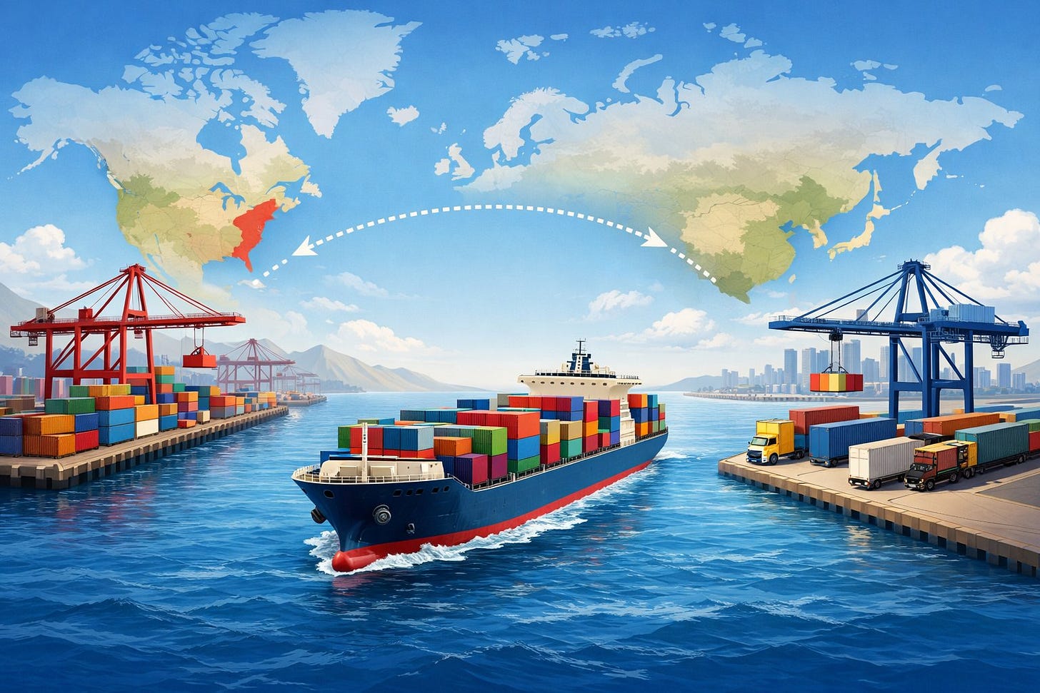 A cargo ship carrying containers sails across the ocean between a busy port in China and a port in the United States. A cargo ship carrying containers sails across the ocean between a busy port in China and a port in the United States.