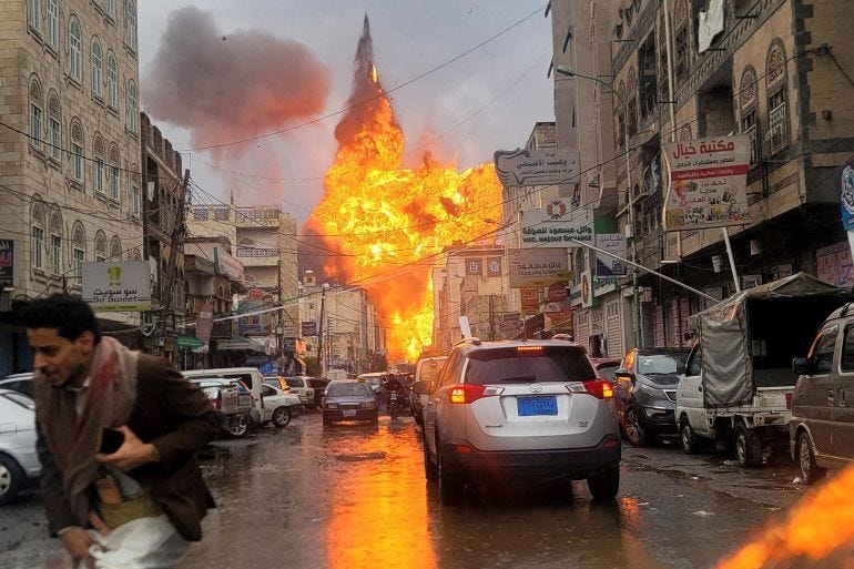A fire ball rises from the site of an Israeli air strike in Sanaa