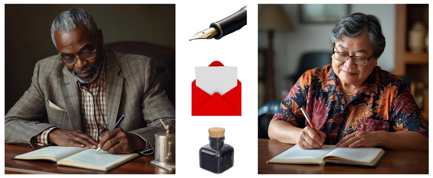 Two photos of a man and woman, each sitting at desk and writing a legacy letter.