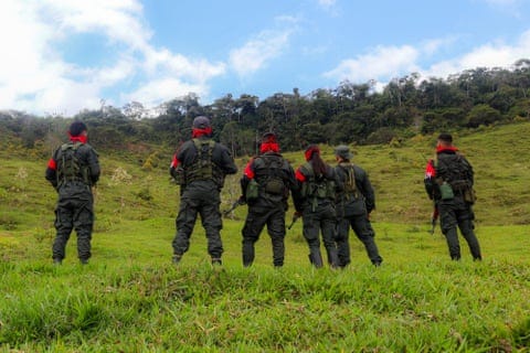 armed rebels stand on a grassy hill facing away from the camera