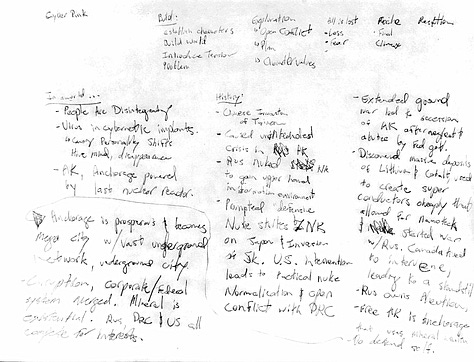 5 pictures of chaotic, scribbled notes about various plot points. Handwriting is barely legible, and it is written on black sketchbook paper.