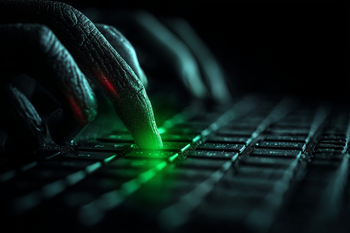 green glowing alien finger tapping a computer keyboard