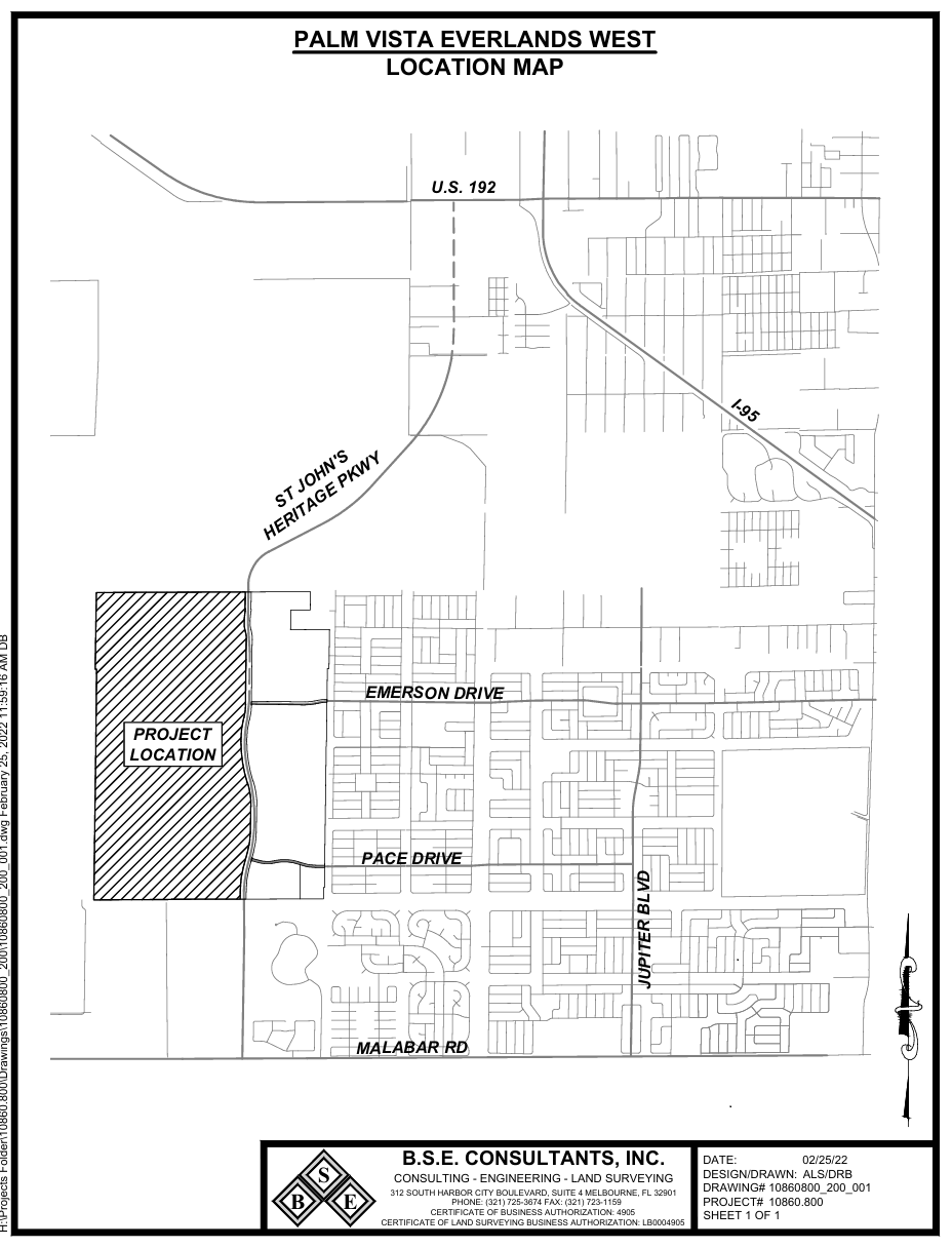 The layout blueprint: An official location map by B.S.E. Consultants pinpointing the exact 1,198-acre project footprint positioned right on the western edge of Palm Bay's expansion corridor. The layout blueprint: An official location map by B.S.E. Consultants pinpointing the exact 1,198-acre project footprint positioned right on the western edge of Palm Bay's expansion corridor.