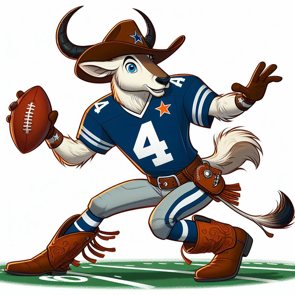 draw a cartoon antelope dressed as a cowboy playing nfl football for the cowboys. make him number 4. make him the quarterback. make the antelope male
