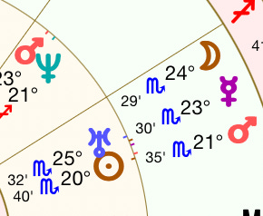 chartTransit overlay showing moon, Mercury, and Mars conjunct this signature (sun/uranus) at the time the photo was taken..
