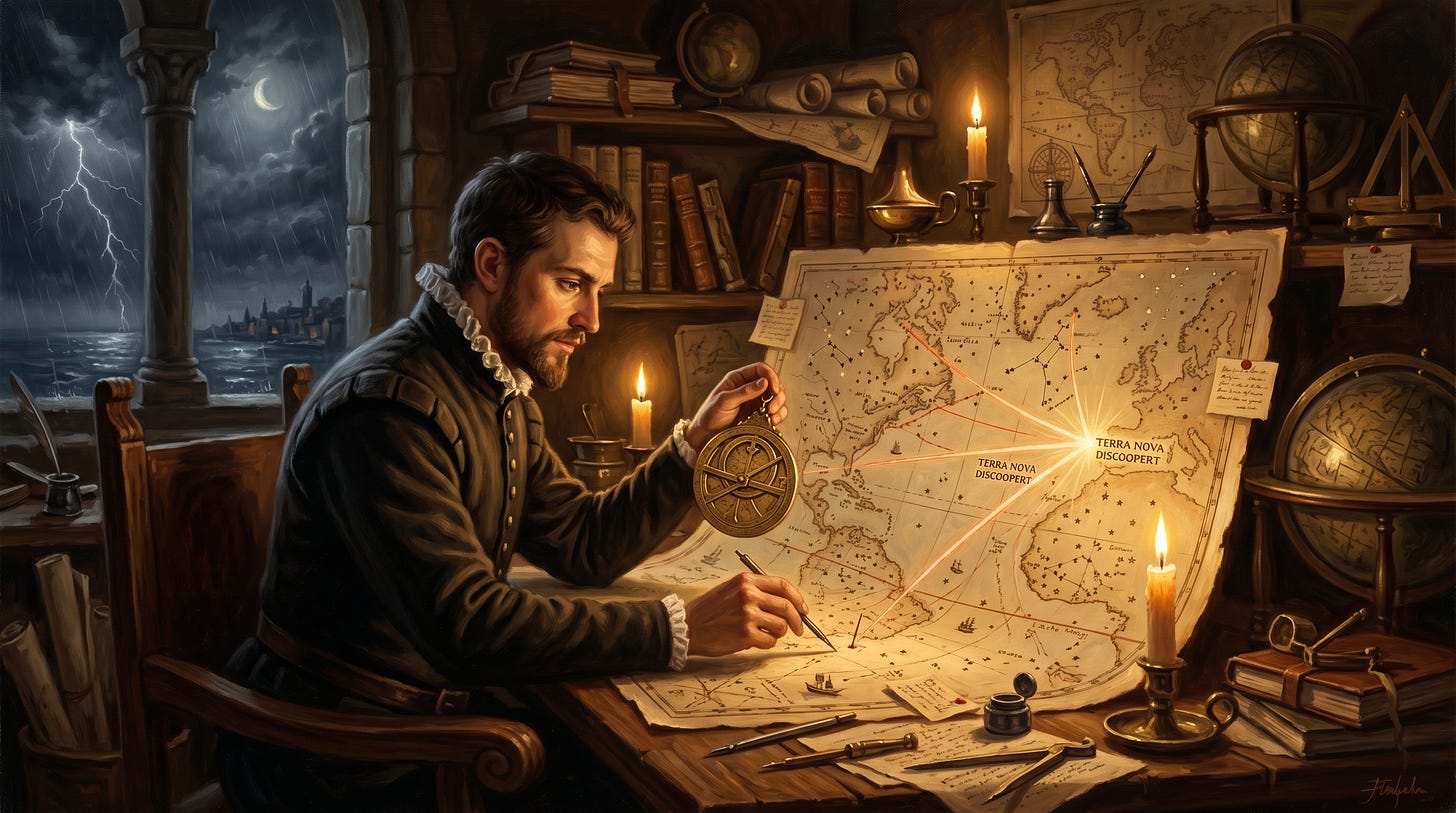 Illustration of a researcher mapping signals with a compass, representing a newsletter signal radar for AI research decisions.