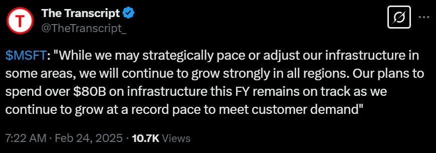 Tweet with a direct quote from MSFT confirming its AI investment