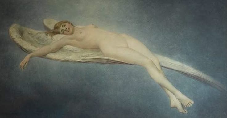 This may contain: a painting of a naked man floating in the air with his head down and eyes closed