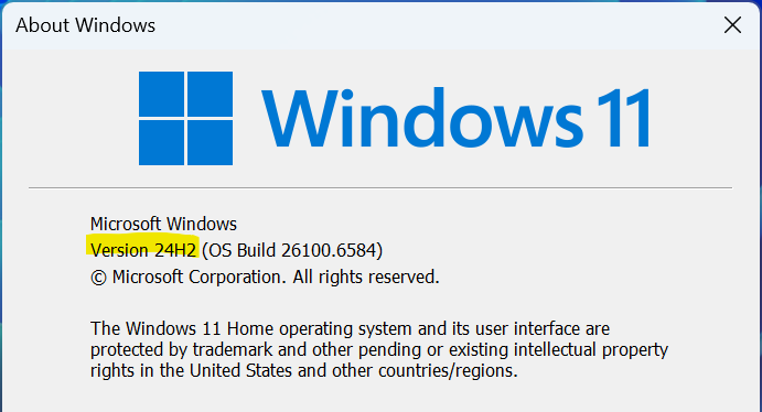 The winver dialog showing the Windows release number and OS build.