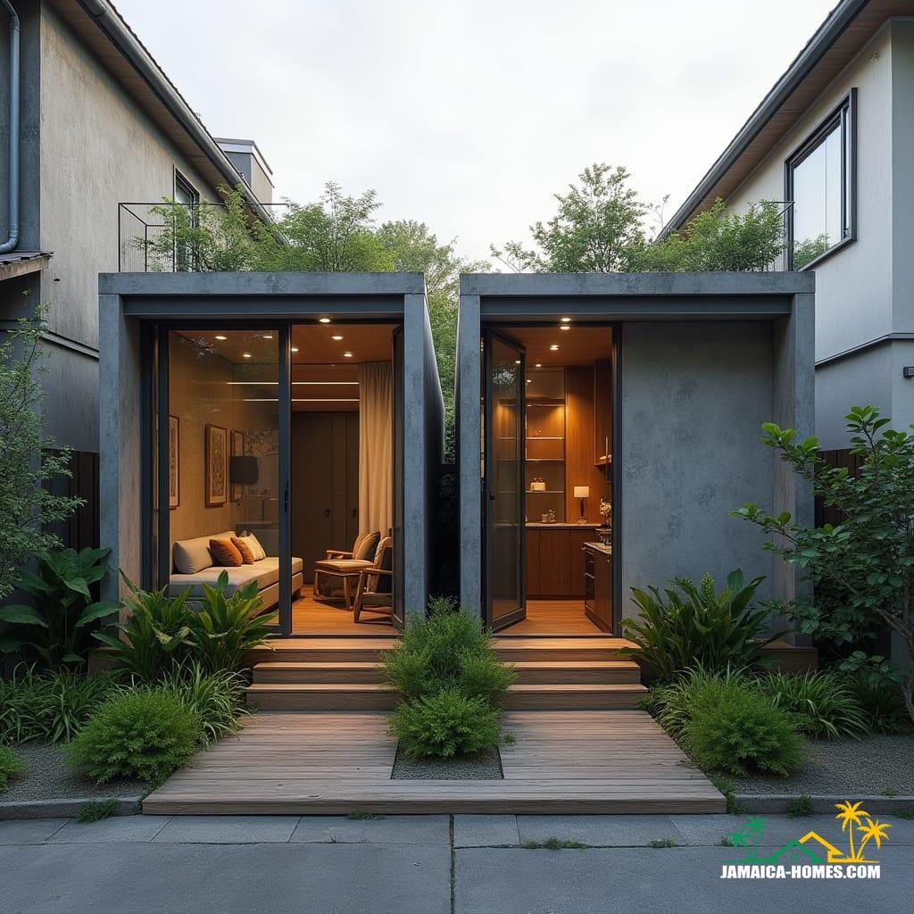 Twin Modular Urban Home
Design: Two 20-ft concrete modules side by side with shared narrow porch.
Materials: Concrete, steel, glass, timber accents.
Features: Solar panels, ventilated roof, cross-ventilation, narrow garden strip at front.
Environment: Dense city lot, neighboring buildings close by, small tropical plants in front.
Style Notes: Modern, practical, functional for small urban family or rental.