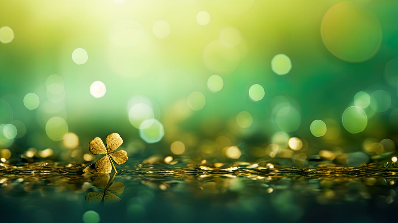 AI generated image of green bokeh falling on to gold coins with a shamrock in the foreground