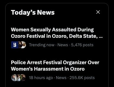 Screenshots from Twitter showing that the Ozoro rape festival is top trending news in Nigeria