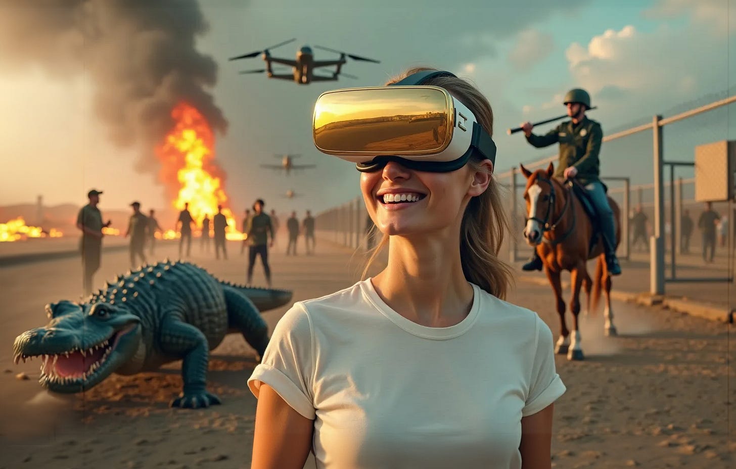 Young woman smiling wearing Trump golden age VR headset as scenes of disaster unfold behind her — riots, fires, drones, militarized police on horseback, and an alligator.