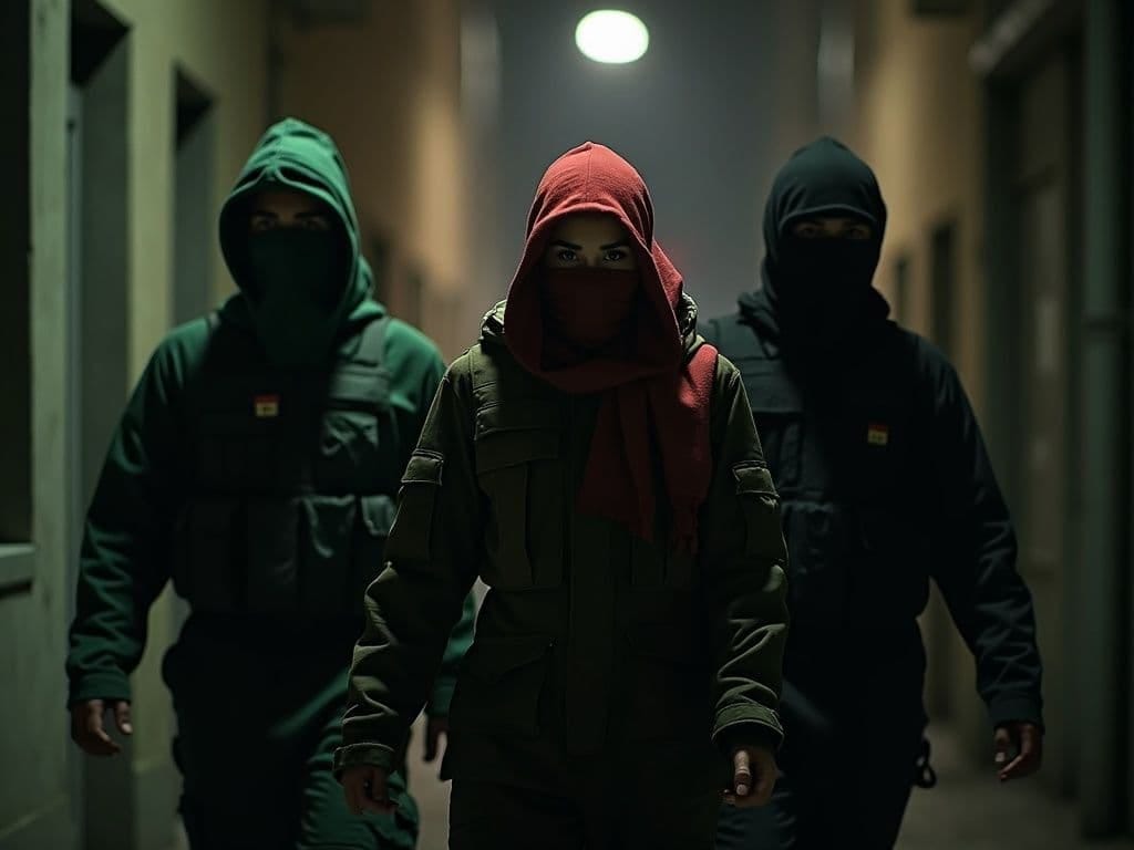 Please create the image of a Hamas terrorist in green, a female socialist in red, and a balaclava nihilist in black, emerging from the shadows of a dimly lit street.