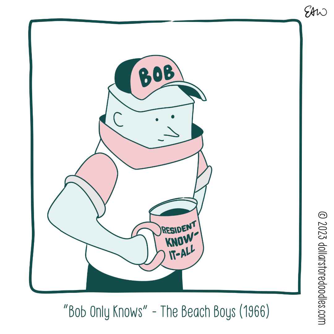 Panel 4 of 5 of a web comic showing a character in a ball cap with the word, "Bob," written across the front. He's holding a novelty mug that reads, "Resident Know-it-All." The caption reads, "Bob Only Knows. The Beach Boys. 1966."