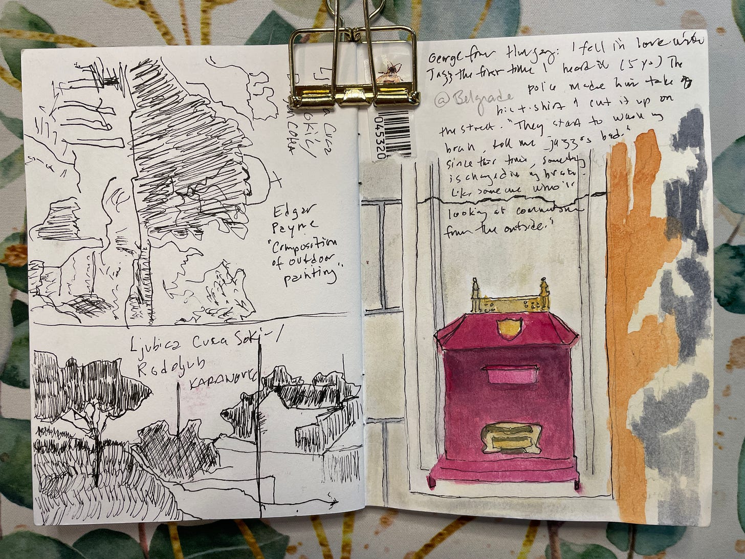 spread of watercolor and pen drawings. watercolor is of a mailbox along with its surrounding wall and plaster. LH spread is of some pen and ink landscapes copied from a museum. 