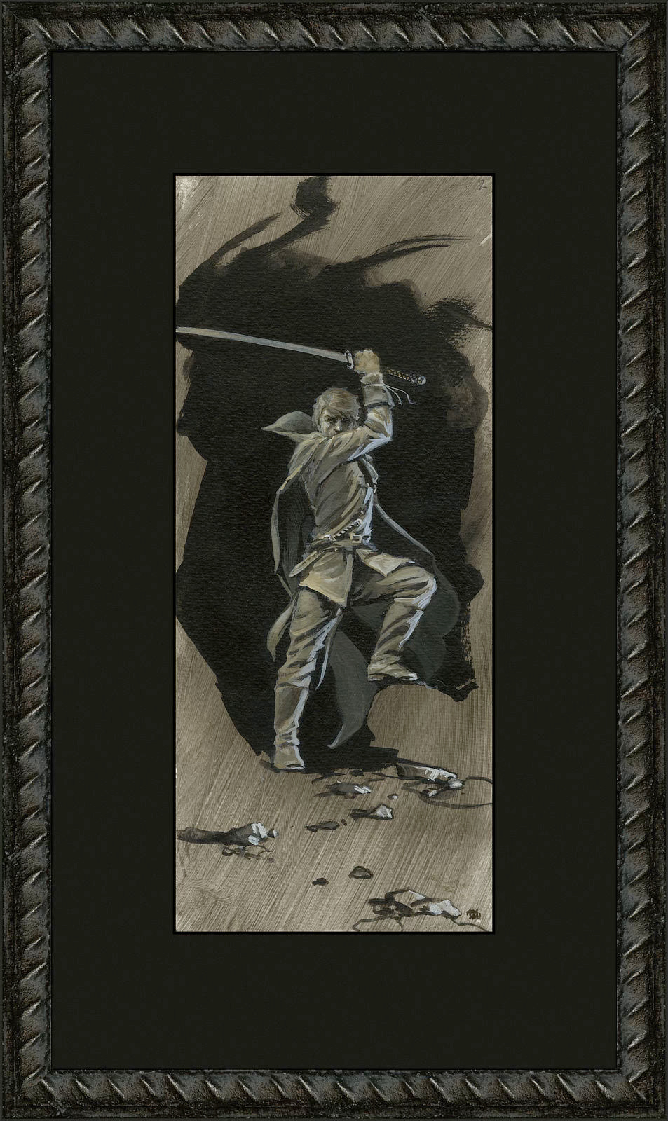 TO STAND AGAINST THE SHADOW (2012), Tonal preliminary concept for A MEMORY OF LIGHT, framed in wood moulding with black archival mat. Rand al'Thor stands against the darkness of a cave opening. He holds his sword up with bent arm crossing his face to obscure the lower half of his face. His eyes are focused forward directly at the audience. Tucked into his belt is a sheathed dagger. On a back is a sweeping cloak. His foot is up resting on an implied boulder. A trail of stones zig zags into the immediate foreground.