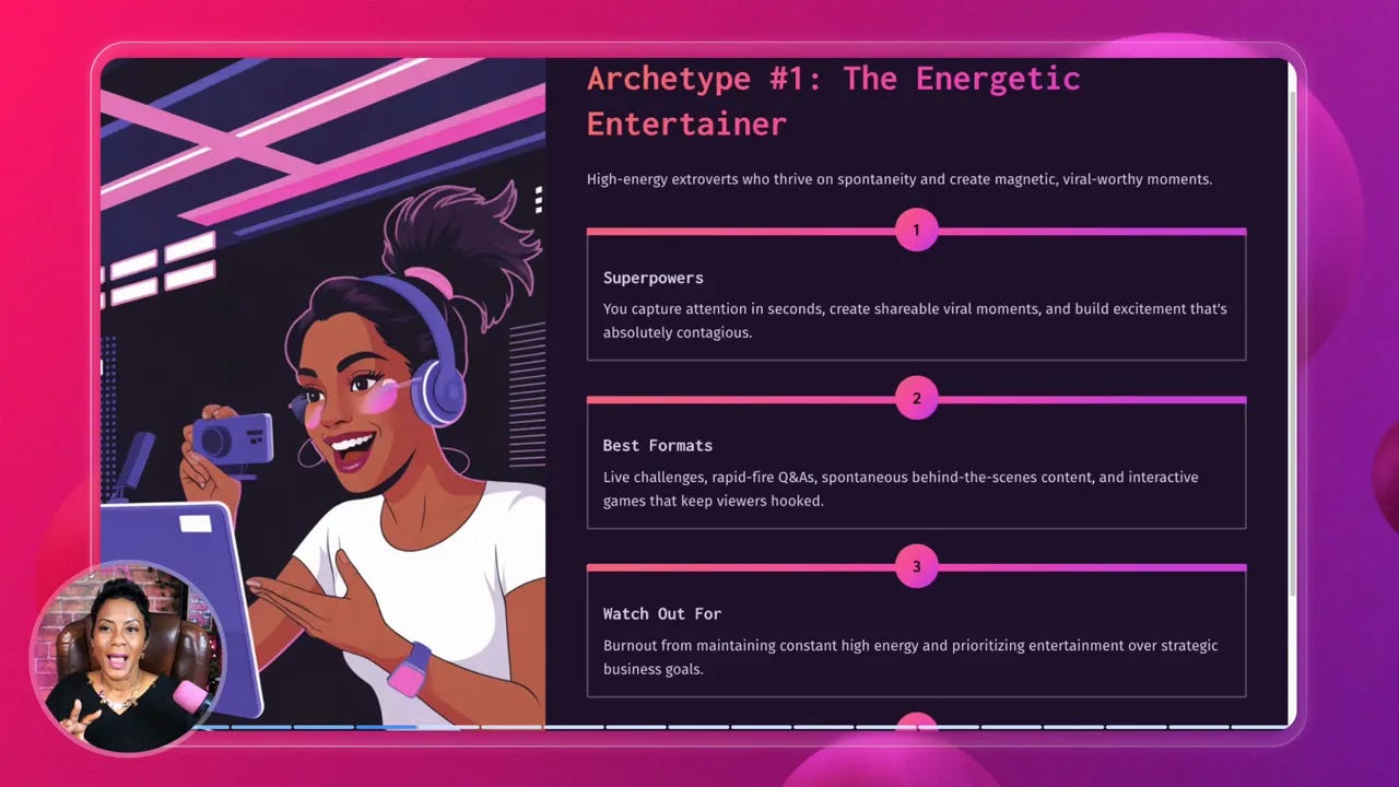 Host describing the energetic entertainer archetype on screen