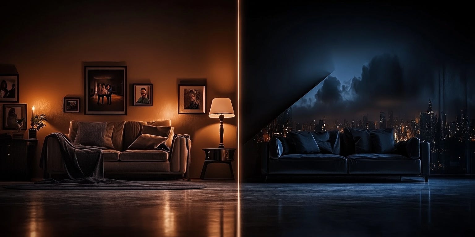 A minimalist room interior split in half vertically - one side fully furnished and warm with soft lighting, family photos, and comfortable furniture; the other side completely empty with stark lighting. 