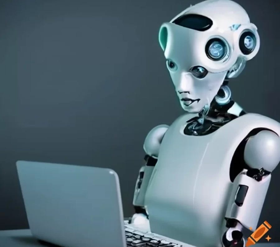 a robot typing at a laptop (AI generated writing illegal)