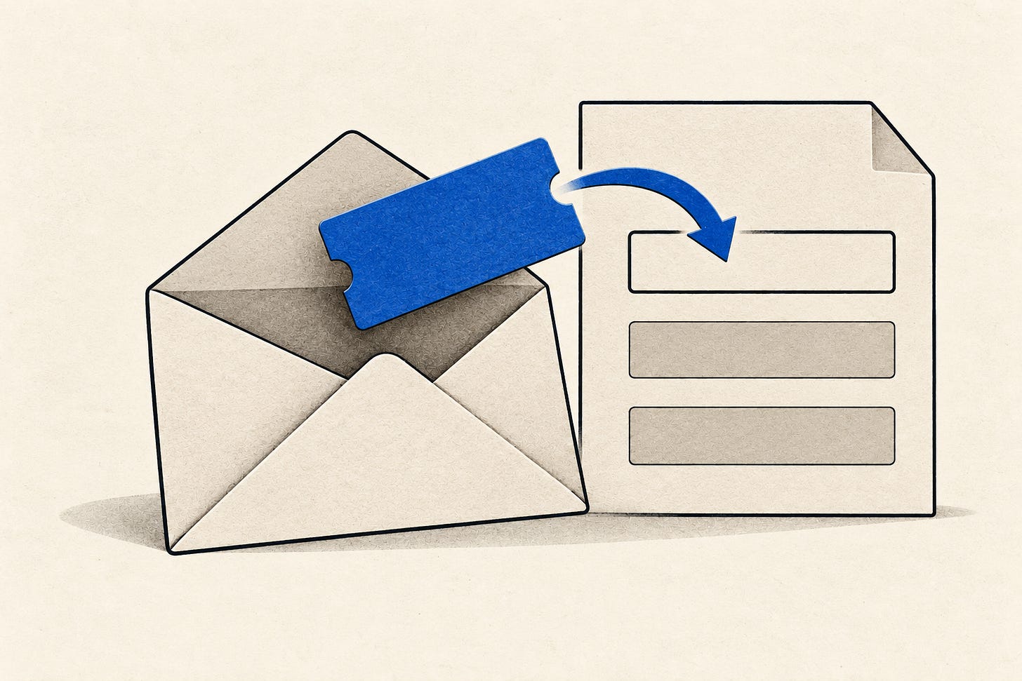 A cobalt ticket moves from an open envelope into a field on a paper form. A cobalt ticket moves from an open envelope into a field on a paper form.