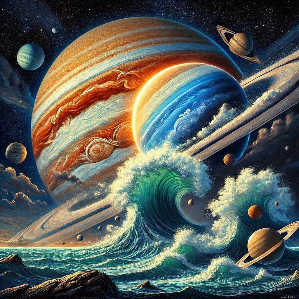 the planet neptune colliding with the planet jupiter in the style of henri rousseau