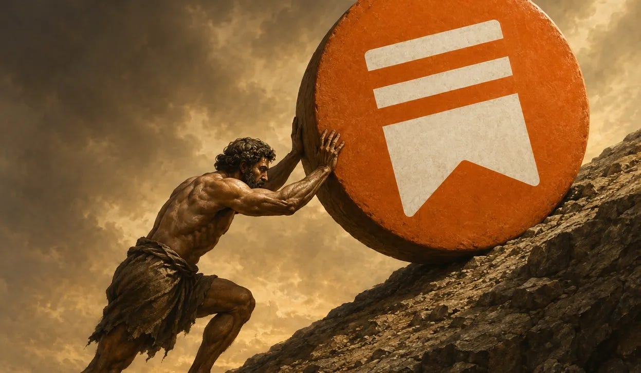 Man pushing a giant Substack logo uphill, symbolizing the challenge of building and growing a newsletter audience.