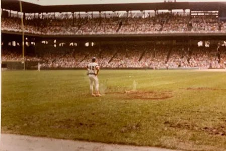 Ron Kittle in the outfield of Comiskey Park Ron Kittle in the outfield of Comiskey Park