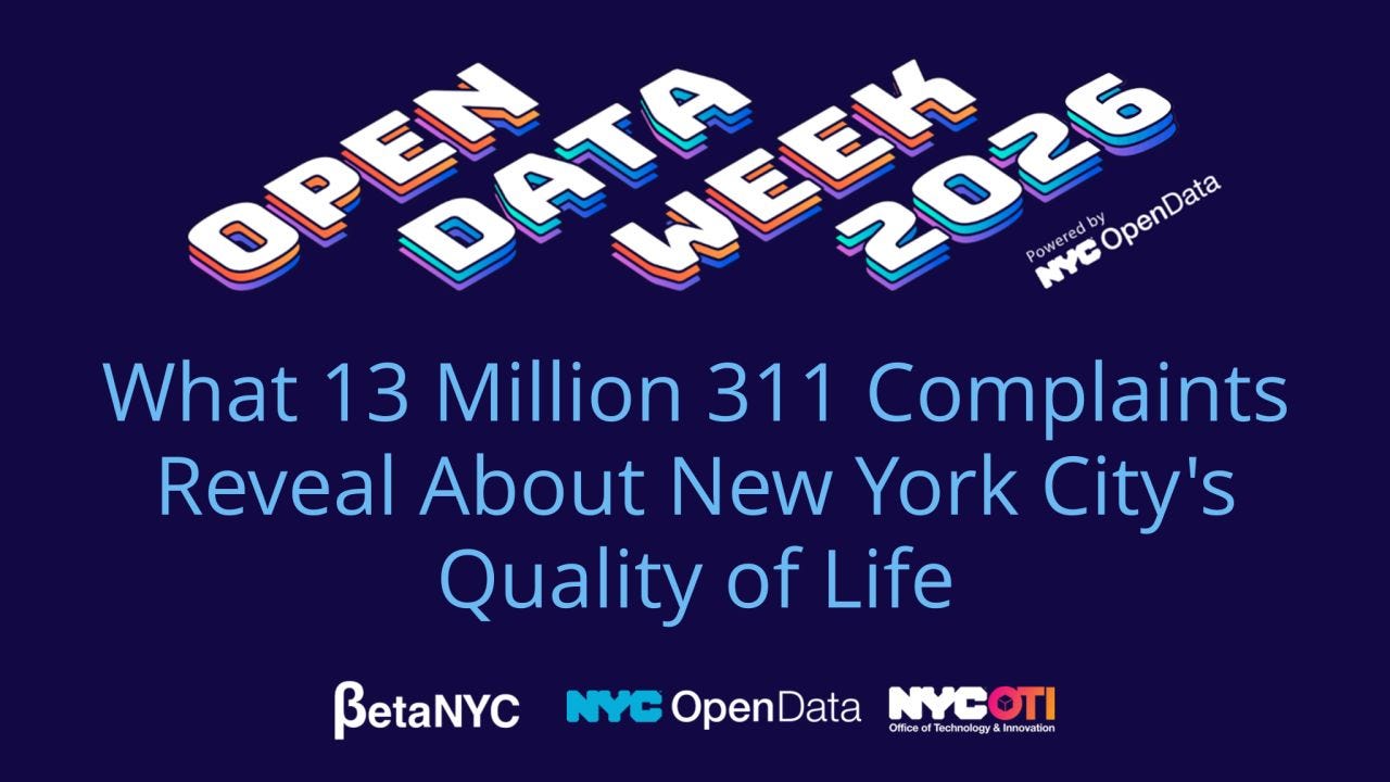 Promotional graphic for Open Data Week 2026 on a dark blue background. Large stylized white and blue 3D text at the top reads “OPEN DATA WEEK 2026,” with “Powered by NYC OpenData” in smaller text beside it. Centered below in large light blue text: “What 13 Million 311 Complaints Reveal About New York City’s Quality of Life.” Along the bottom are the logos for BetaNYC, NYC OpenData, and NYC Office of Technology & Innovation (OTI). Promotional graphic for Open Data Week 2026 on a dark blue background. Large stylized white and blue 3D text at the top reads “OPEN DATA WEEK 2026,” with “Powered by NYC OpenData” in smaller text beside it. Centered below in large light blue text: “What 13 Million 311 Complaints Reveal About New York City’s Quality of Life.” Along the bottom are the logos for BetaNYC, NYC OpenData, and NYC Office of Technology & Innovation (OTI).