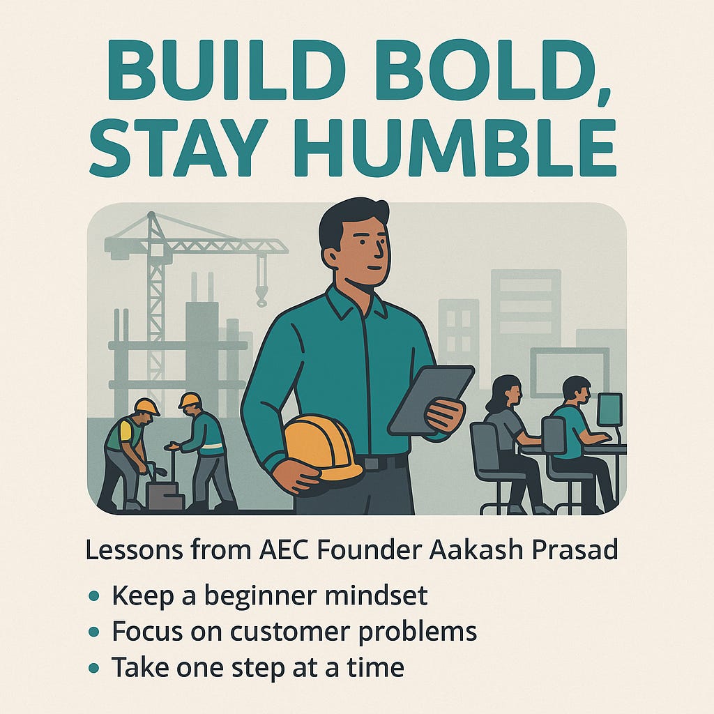 Image showing AEC founder Aakash Prasad holding a tablet with construction workers and engineers illustrating lessons on scaling AEC tech