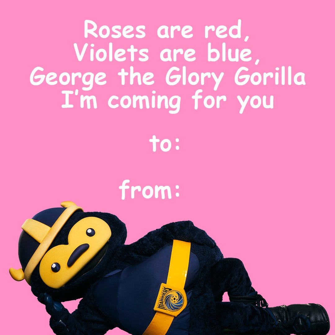 A valentines day card from Marvin, the Central Coast Mariners mascot
